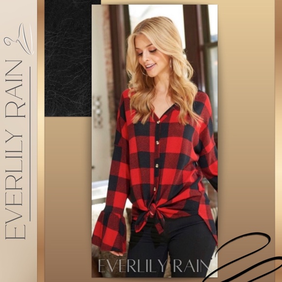 Beautiful Red & Black Plaid Top with Ruffle Sleeve - Picture 2 of 6